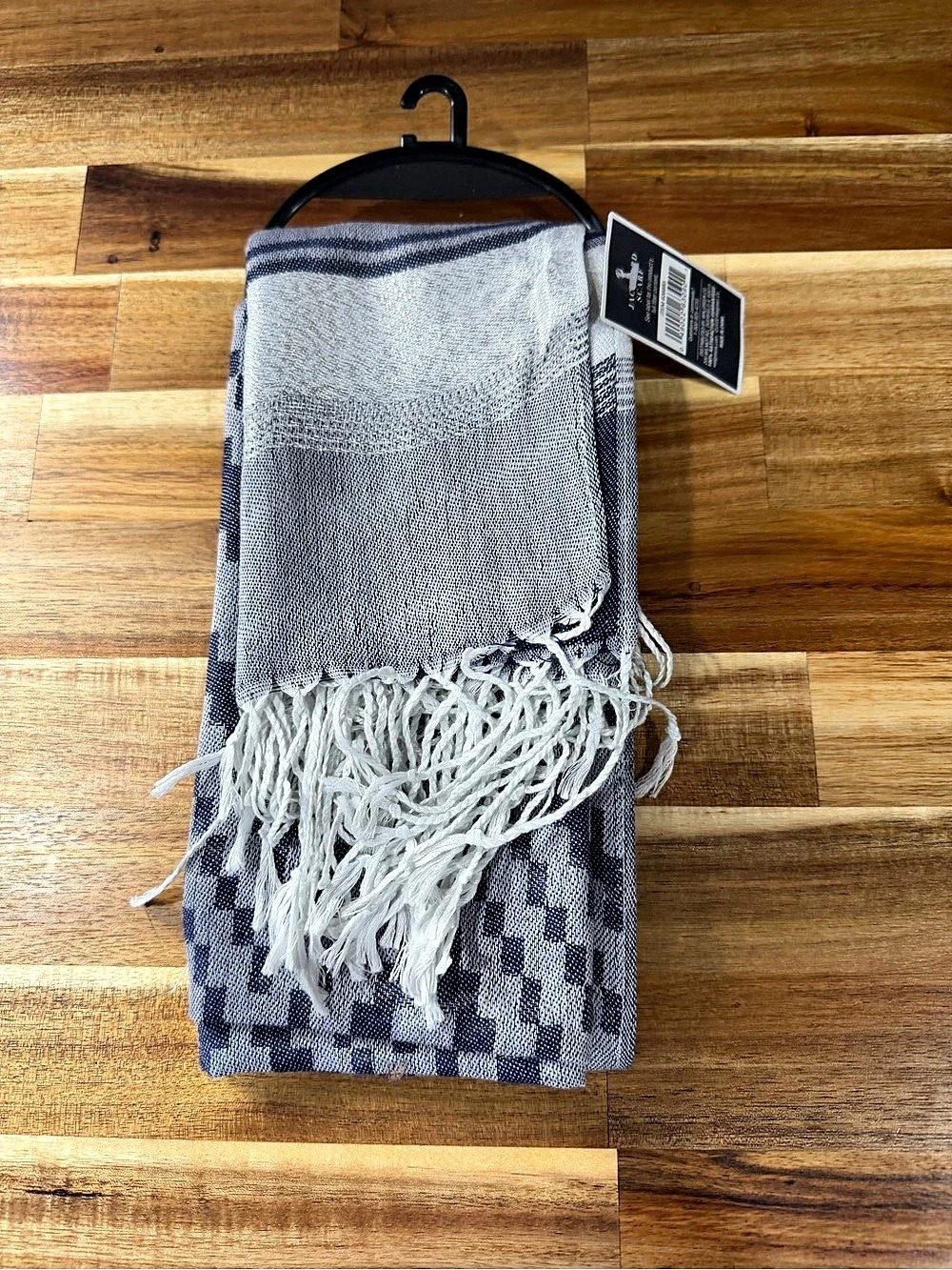 West Loop Gray Navy Geometric Jacquard Fringe Scarf NWT